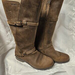 Teva de la vina Women's Leather Riding Boots Size 7.5 Brown Tall Zip Waterproof